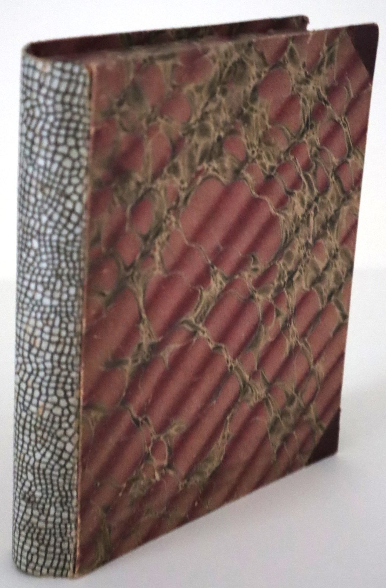 Faux Book Cardboard Box with Alligator Skin Patterned Spine, Marbled Paper Boards and Fore-edges and Red Morocco Corners