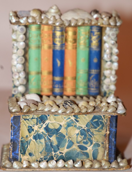 Image for Folk Art Miniature Secretary Made of Shells, Faux Book Spines and Marbled Paper and Functioning as a Box