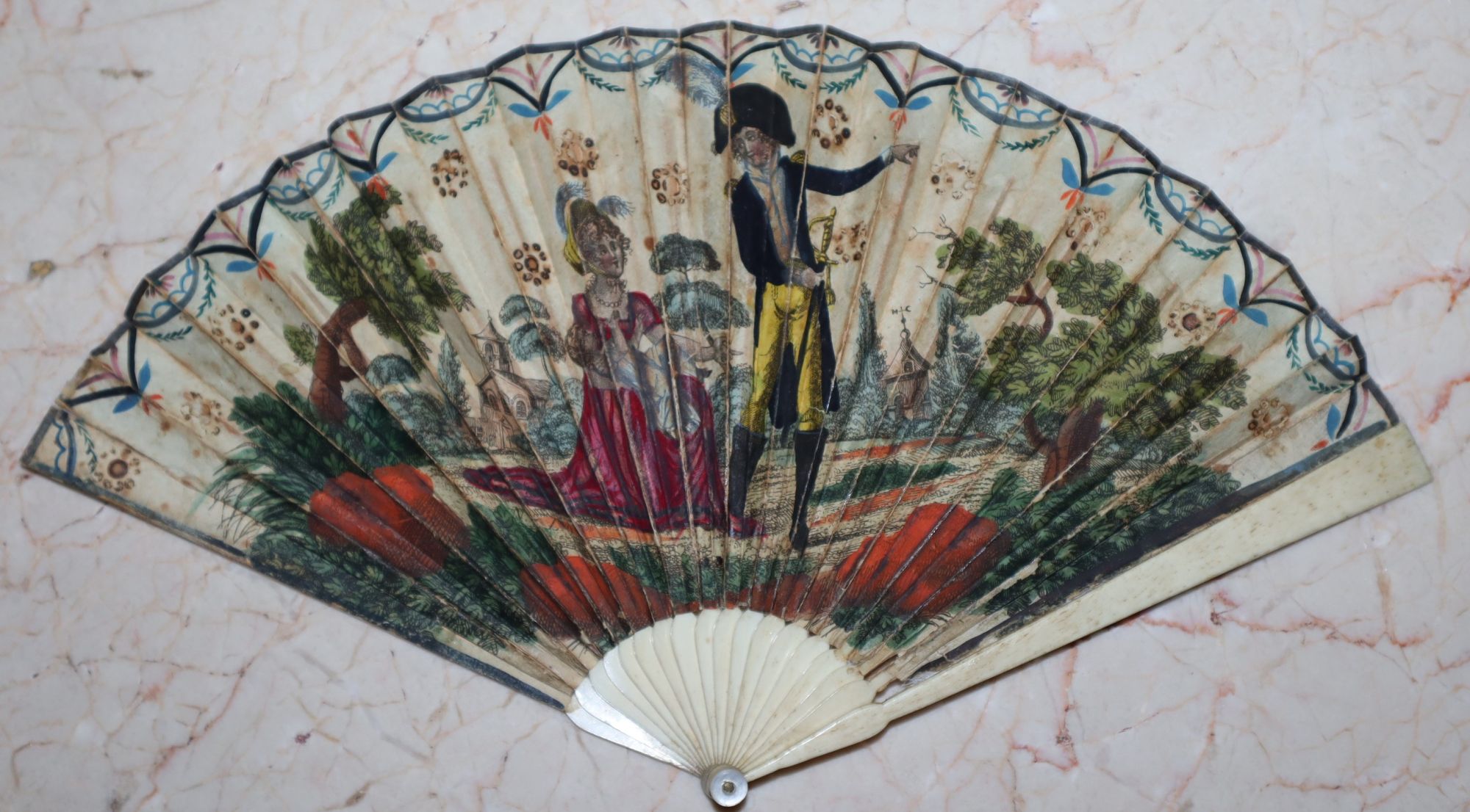Late Eighteenth Century Fan with Hand-Colored Illustration of a Man in a Feathered Bicon Hat and a Seated Woman in a Yellow Bonnet