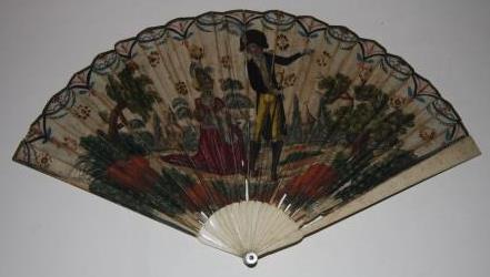 Image for Late Eighteenth Century Fan with Hand-Colored Illustration of a Man in a Feathered Bicon Hat and a Seated Woman in a Yellow Bonnet