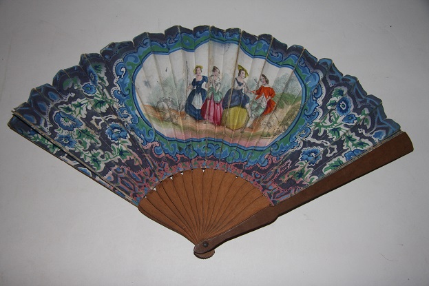 Image for Fan with Hand-Colored Bucolic Lithograph of Three Pretty Ladies Flirting with a Young Man