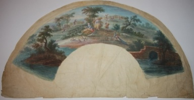 Image for Eighteenth Century Gouache French Fan Design of a Bucolic Setting, with Peasants, a Peacock and Other Fowl, and a Brick Ruin by Water