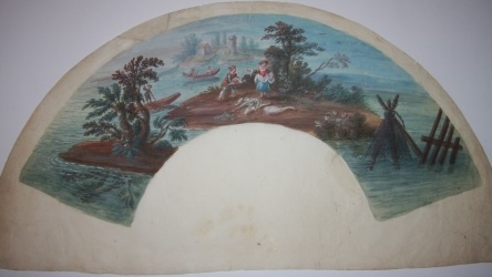 Image for Eighteenth Century Gouache French Fan Design of a Bucolic Island Setting, Young Fisherman, Maiden, Gondolas, Tower in Distance