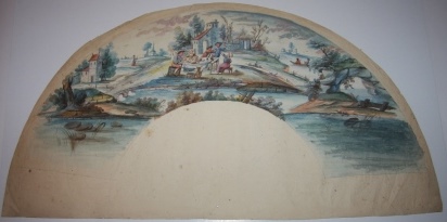 Image for Eighteenth Century Gouache French Fan Design of a Bucolic Scene of Picnickers, with Italianate farmhouses Dotting the Background