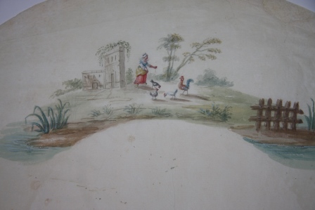Image for Eighteenth Century Gouache French Fan Design of a Bucolic Scene with a Peasant Woman Feeding Chickens