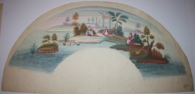 Image for Eighteenth Century Gouache French Fan Design of a Bucolic Scene of Dancers, Two Young Women and a Child Onlookers, Columns in the Background and a Watery Foreground