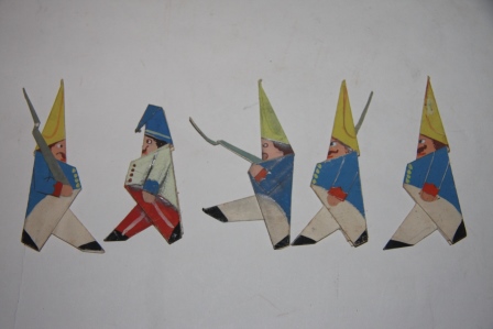 Image for Charming group of hand-made and painted folk art origami figures, including fourteen soldiers, three horses, a flag on a staff, and two incomplete figures (a horse and a soldier)