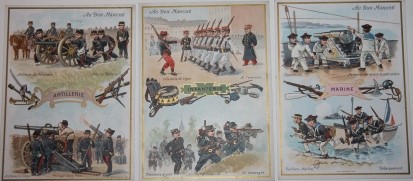 Image for Three Au Bon Marché Cards Depicting Children in Military Branches: Marine, Infanterie, and Artillerie