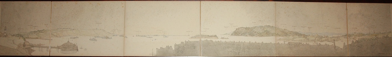 Image for A Prospect of Plymouth Sound from a drawing made in the Year 1918 from a drawing made in the Year 1918 by Maxwell Ayrton Lieut. RNAS and now re-drawn for Commander and Mrs. Beaver. Christmas, 1942