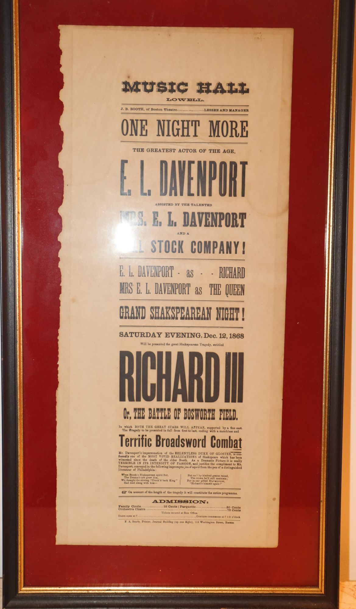 [Broadside] Richard III, or The Battle of Bosworth Field. Music Hall, Lowell. One Night More. The Greatest Actor of the Age. E. L. Davenport. Assisted by the Talented Mrs. E. L. Davenport and a Full Stock Company! . .