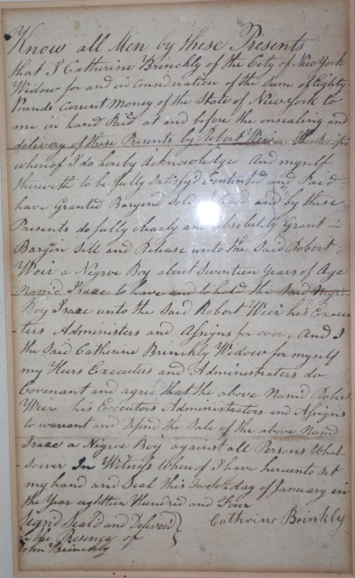 Slave Sale Contract, 1804, New York City