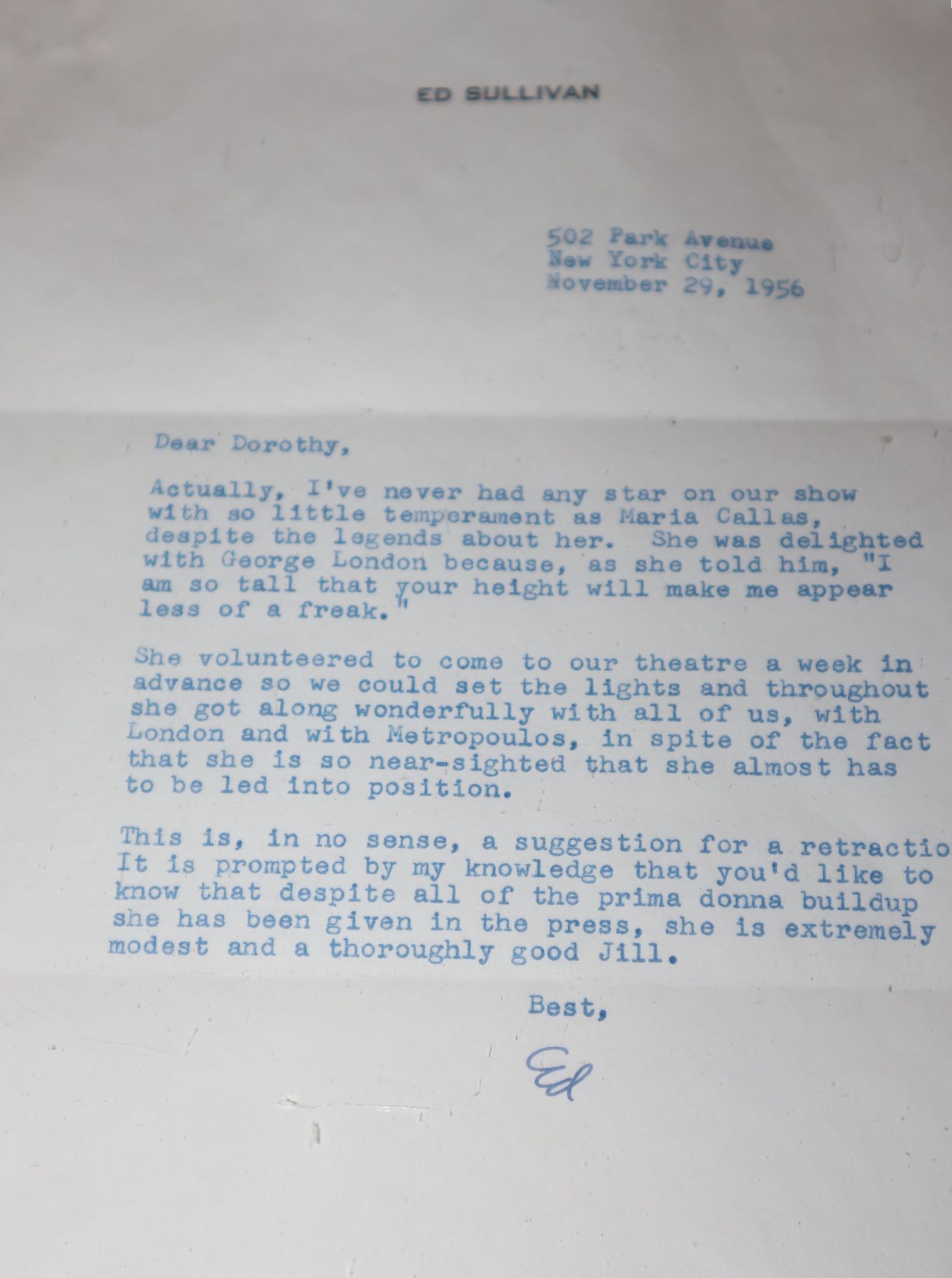 Letter written and signed by Ed Sullivan to Dorothy Kilgallen regarding Maria Callas' appearance in his show