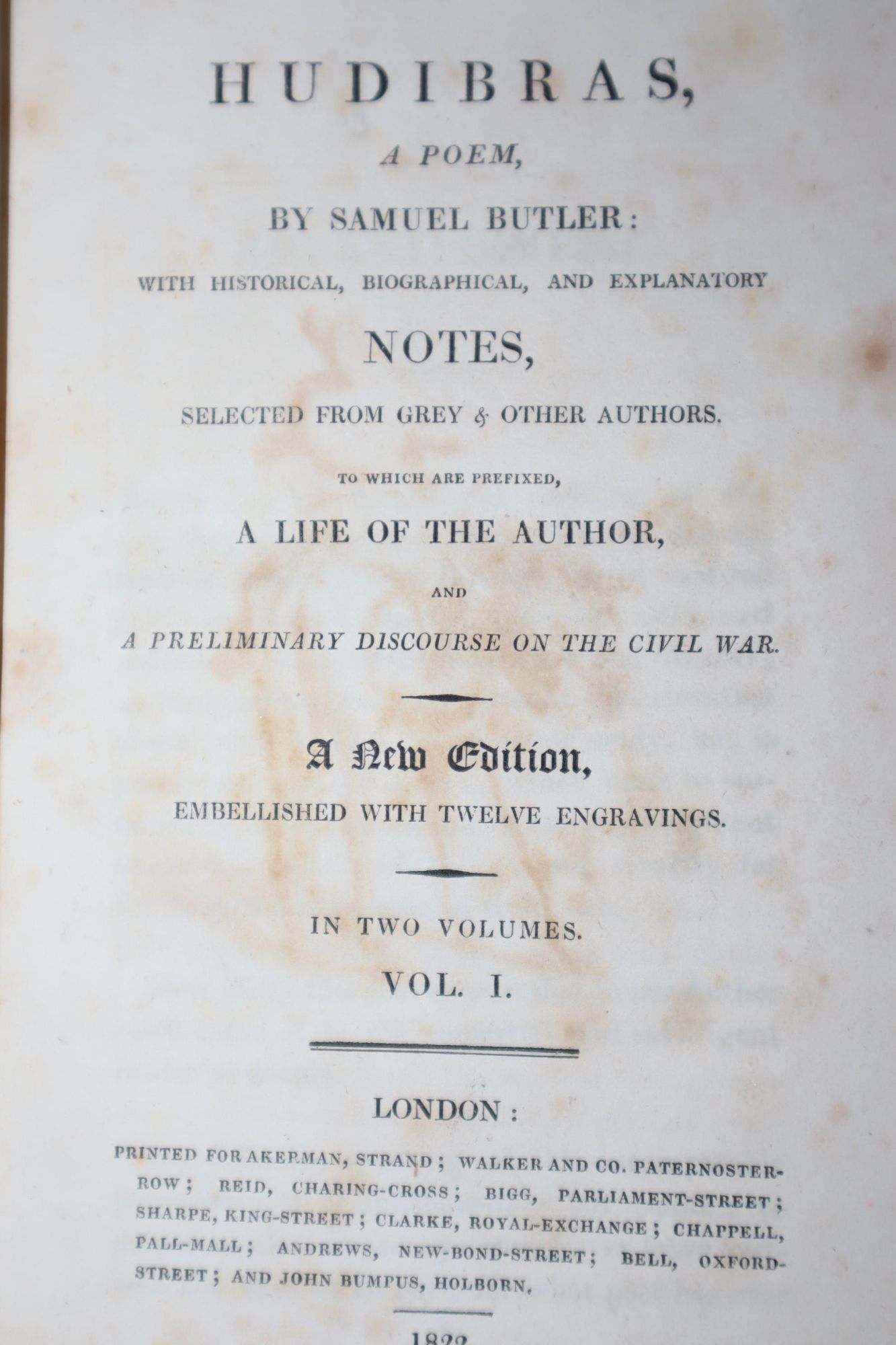 [Double Fore-Edge Paintings] Hudibras (Two Volumes). With Historical, Biographical, and Explanatory Notes . . . A Life of the Author and a Preliminary Discourse on the Civil War.; A New Edition Embellished with Twelve Engravings