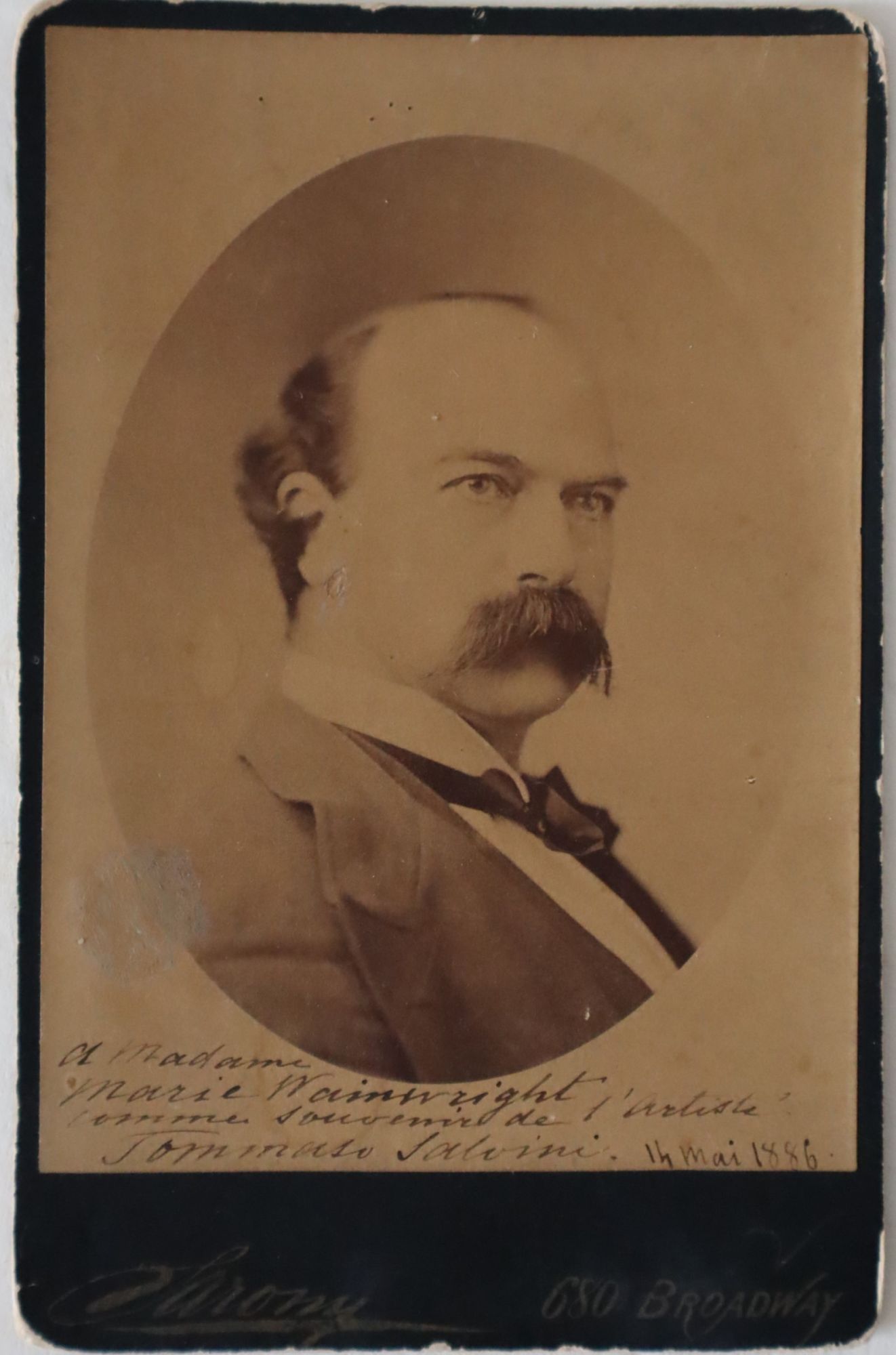 Inscribed Sarony Cabinet Card Photo of Tommaso Salvini to American Actress Marie Wainwright during Salvini's 1886 American Tour in which he acted opposite Edwin Booth and Wainwright
