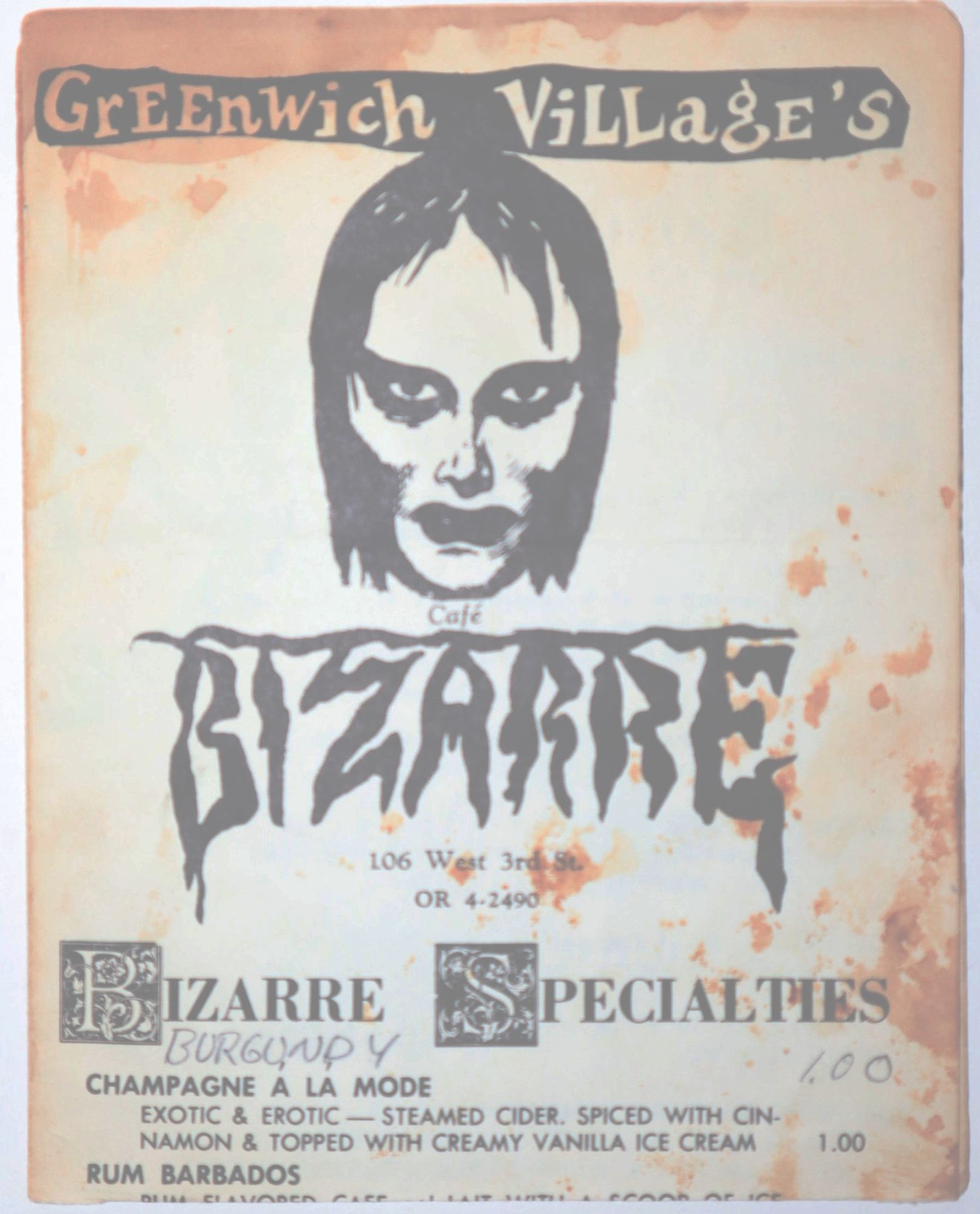 [Menu] Greenwich Village's Cafe Bizarre. 106 West 3rd Street