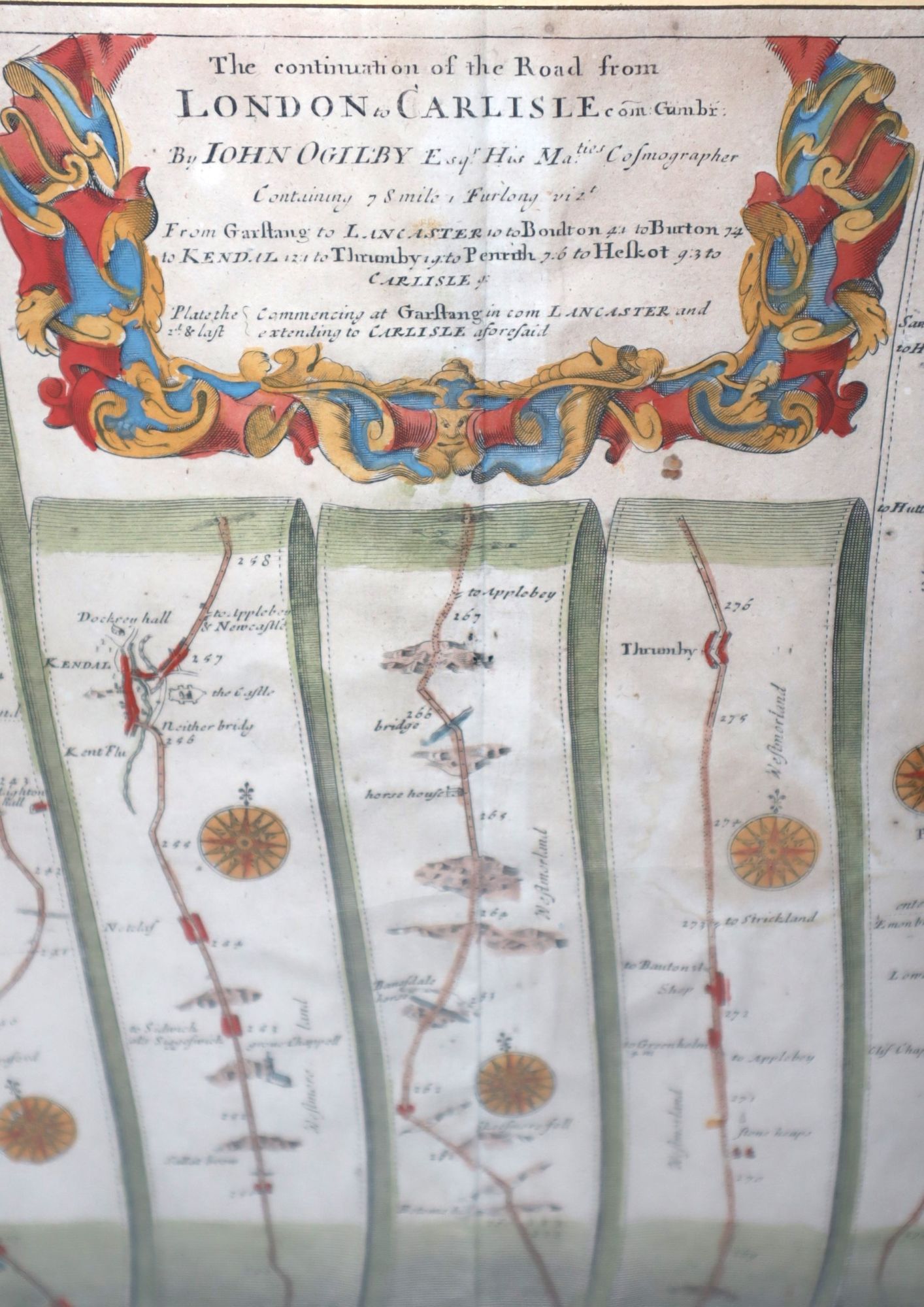 [Framed Hand-Colored Map] The continuation of the Road From London to Carlisle com: Cumbr. : from Garstang to Lancaster . . . Map 38