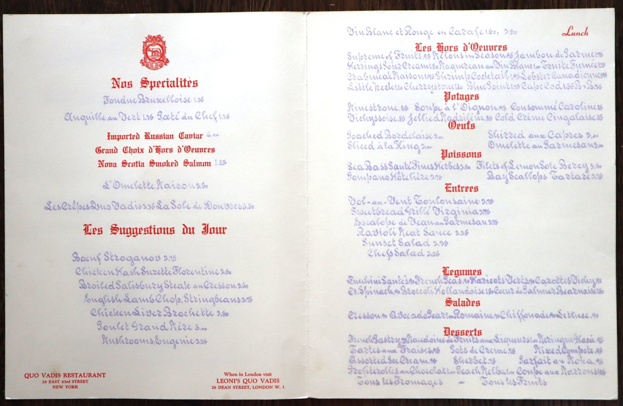 Quo Vadis Restaurant Menu