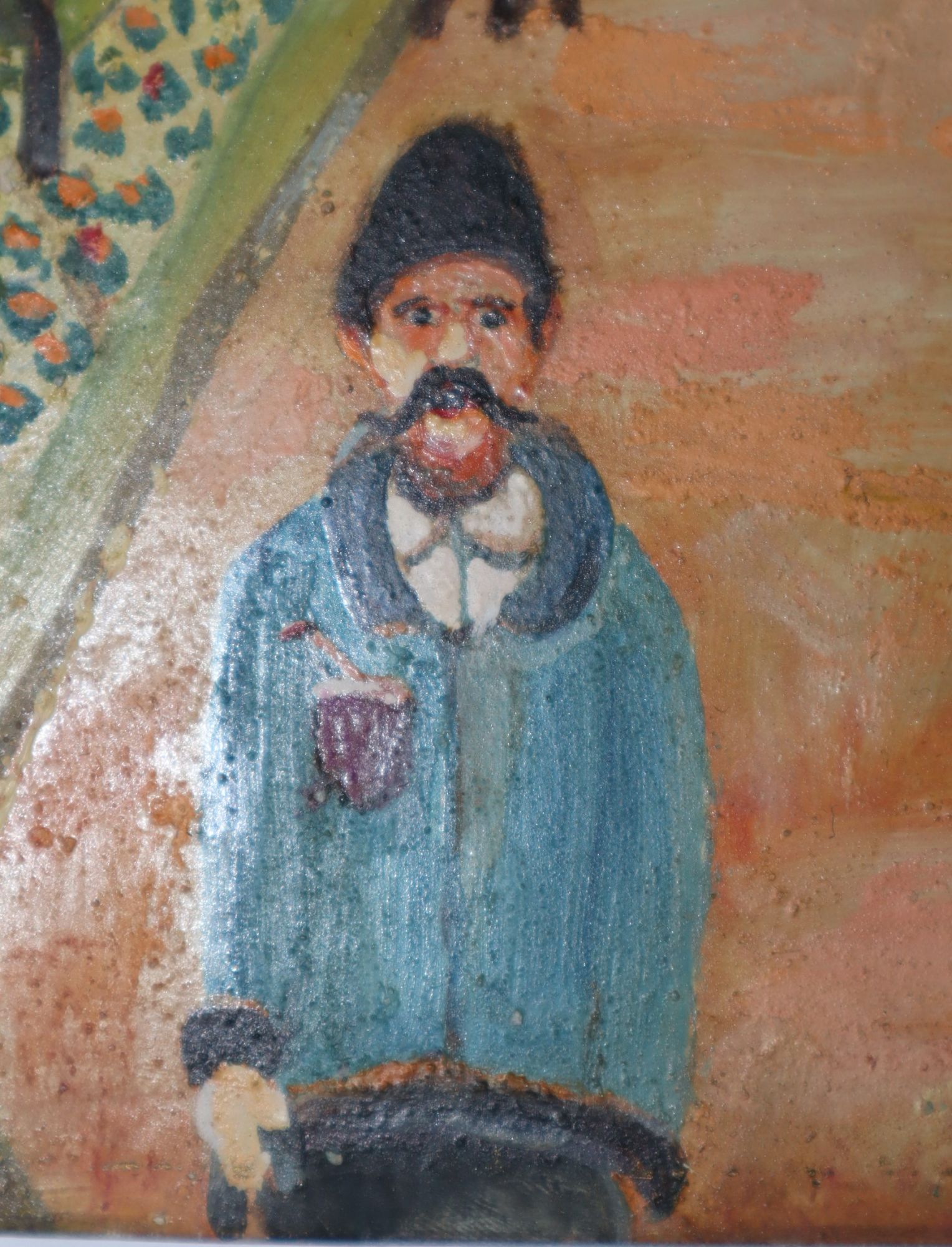 [Outsider Art][Folk Art] Oil Painting on Board of a Rural Balkan Village Square with a Few Vendor Stalls and People Here and There