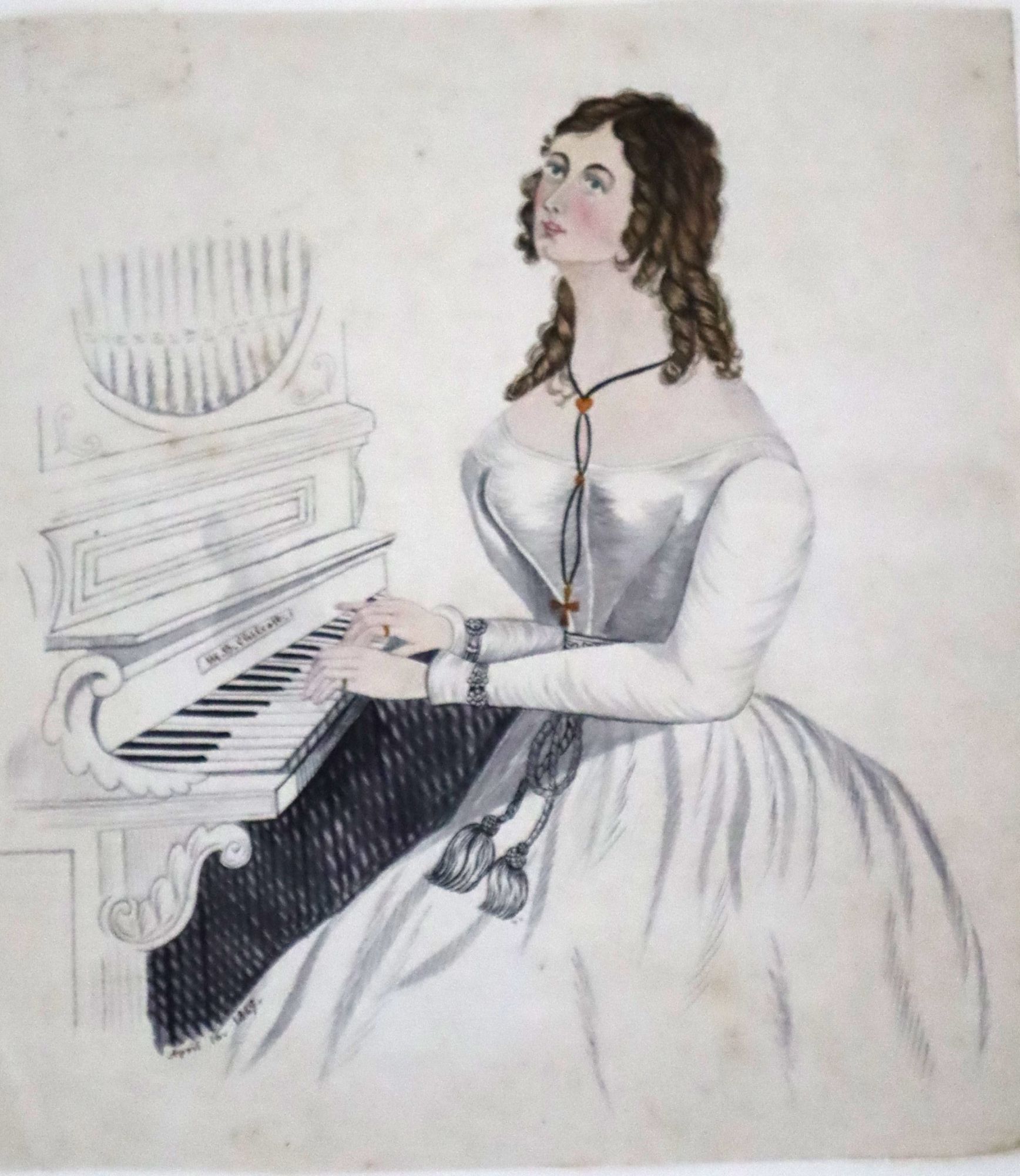 [Folk Art] Watercolor of a Buxom Young Woman Playing an Organ