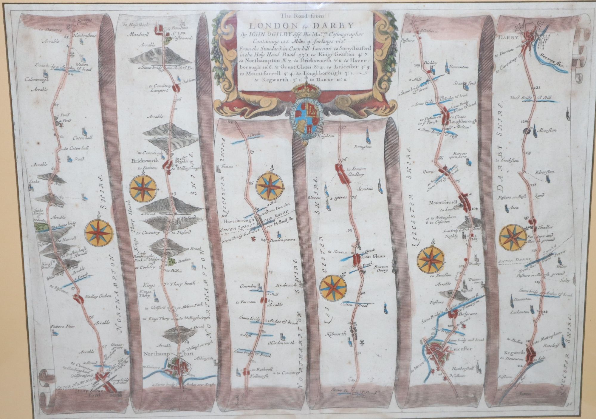[Framed Hand-Colored Map] The Road from London to Darby. Containing 122 Miles 4 Furlongs viz. From the Standard in Cornhill London to Stonystratford in the Holy Head Road . . . . to Kegworth to Darby