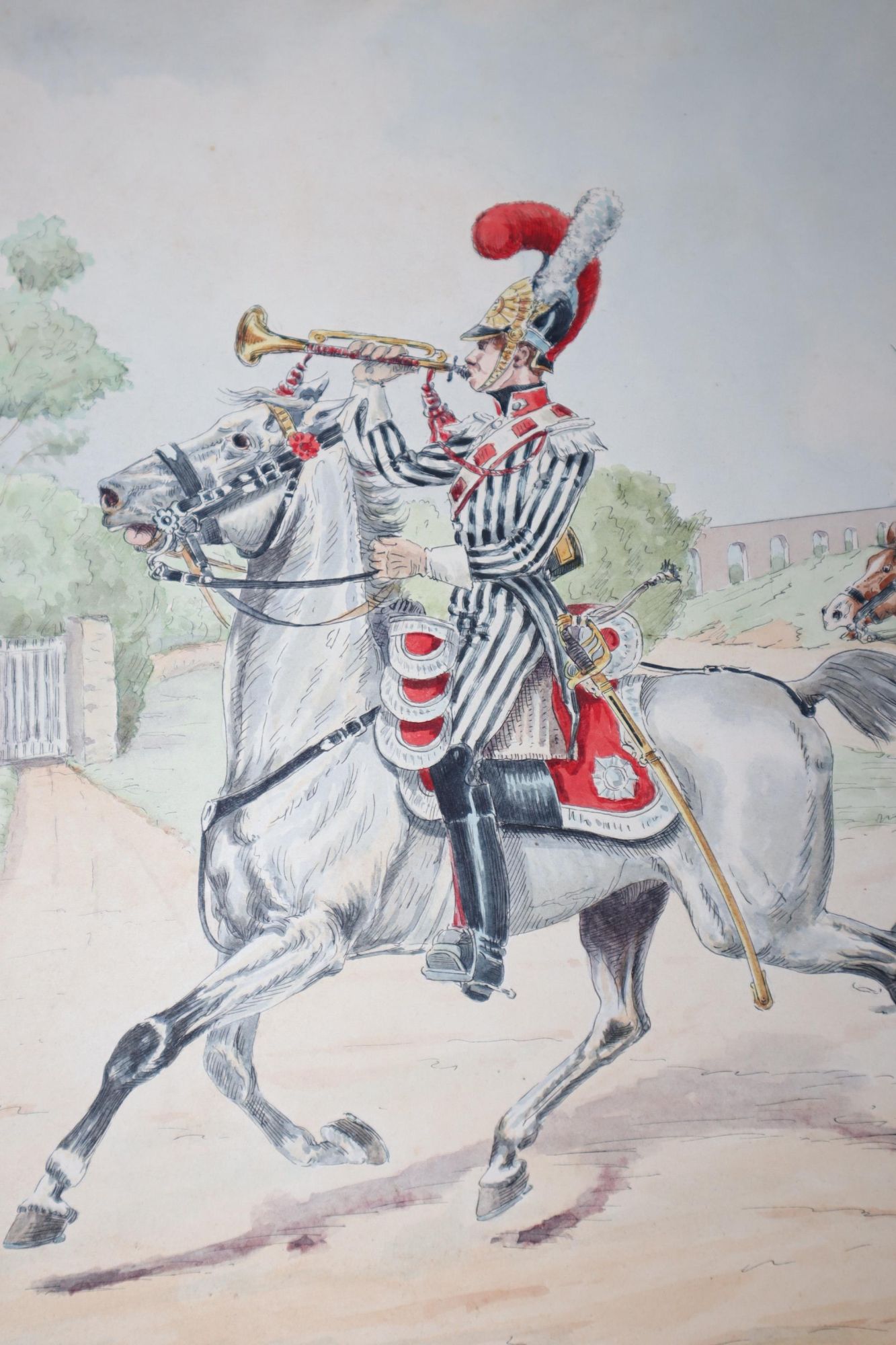 [Original Watercolor] Soldier Playing Trumpet Astride a White Horse Moving with a Lively Gait, an Aqueduct in the Background