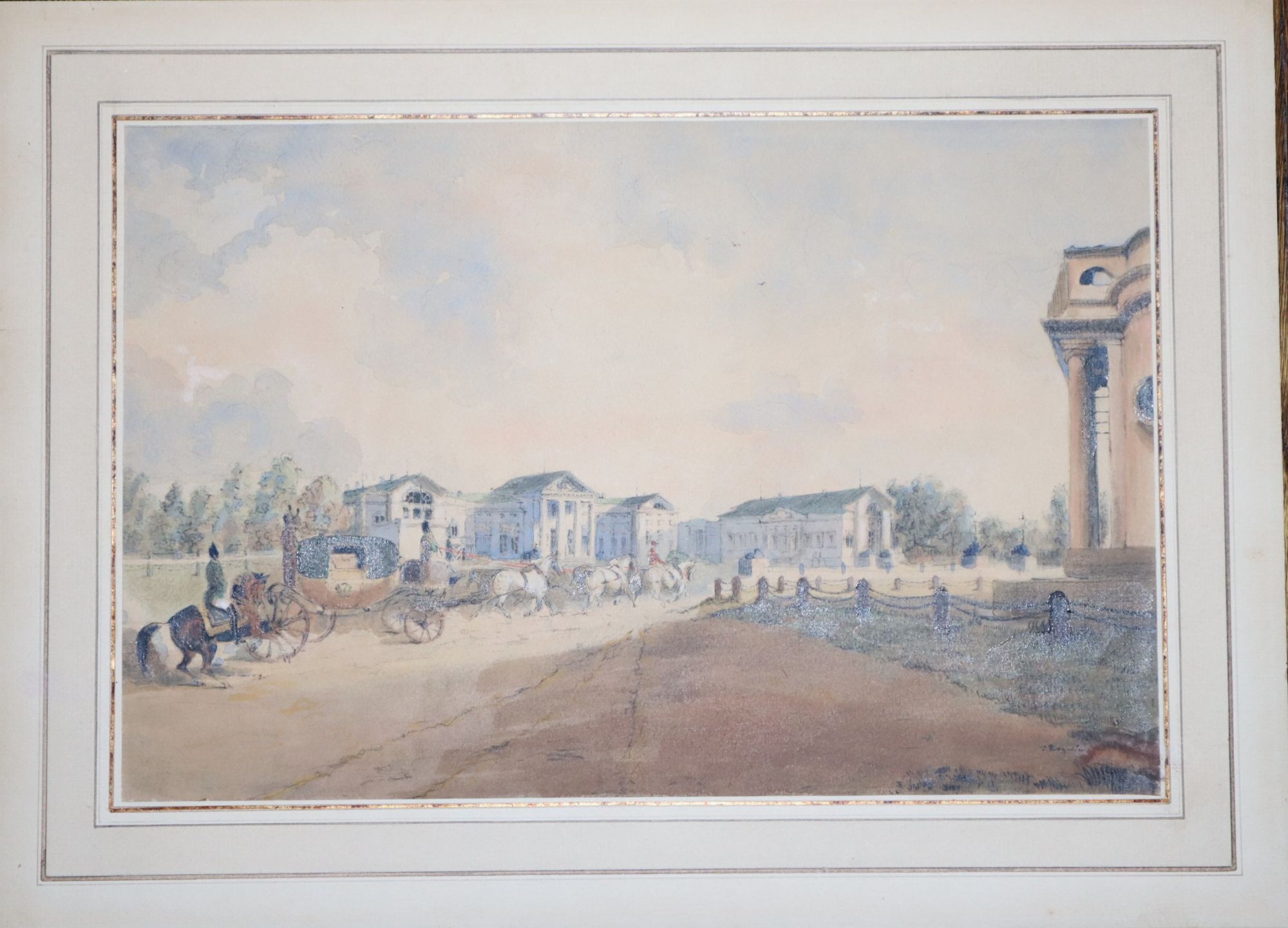 Watercolor of a Royal Coach Dashing in Front of Kuzminki Palace in Moscow, after a painting by Austrian artist Johann Nepomuk Rauch