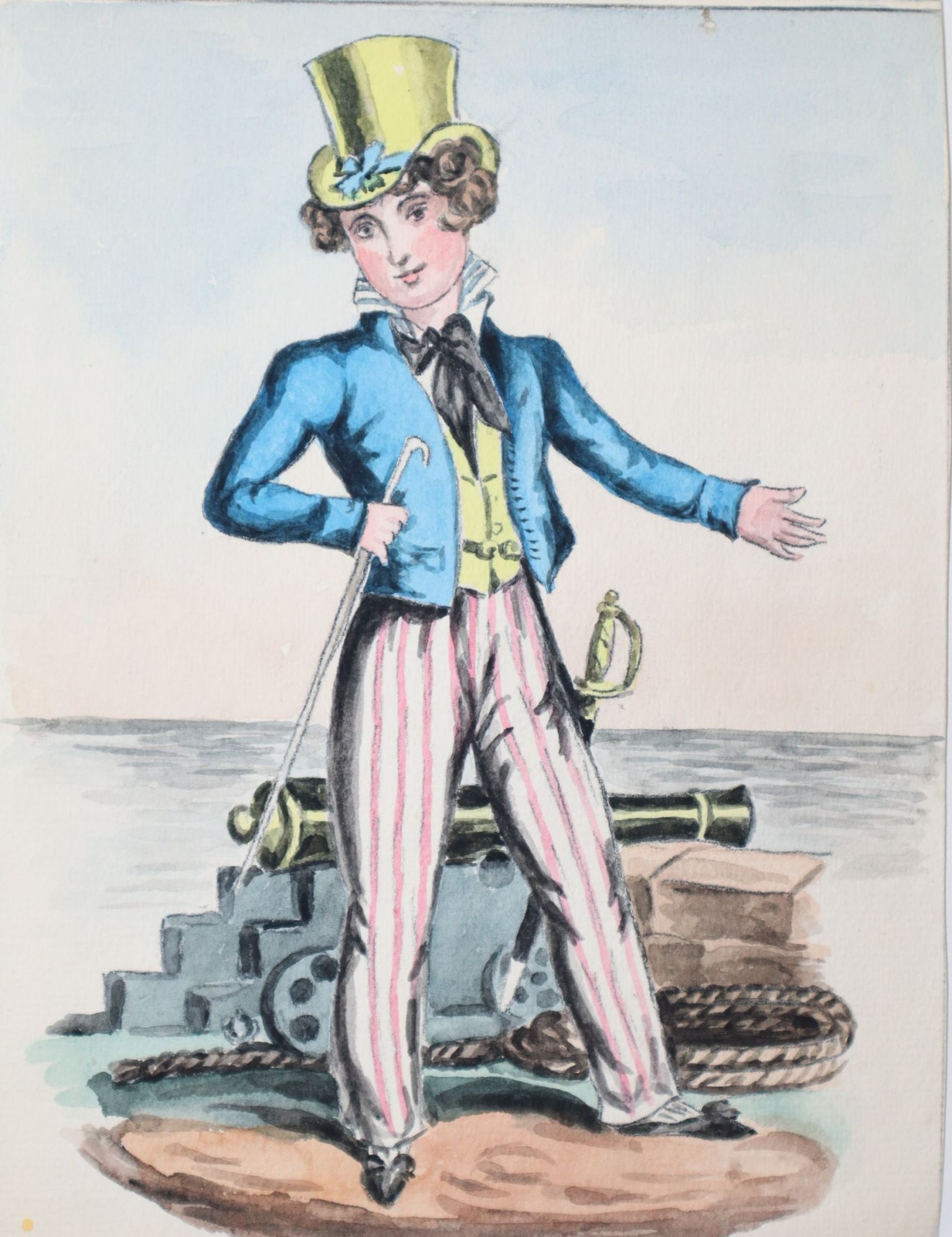 [Original Watercolor] Woman in Slightly Feminized Men's Dress, with a Yellow Top Hat, Tailcoat and Waistcoat and Striped Pants, Cane in Hand, Standing by a Cannon, Sword by Her Side
