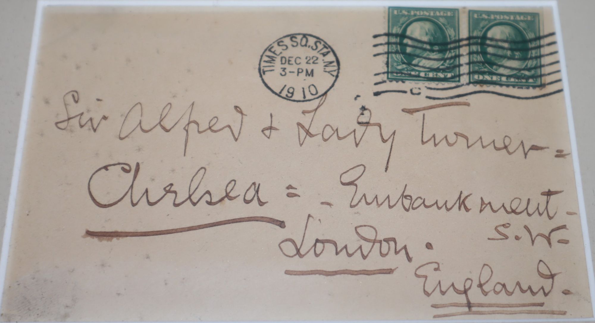 Framed Handwritten Letter from Ellen Terry (Carew) to Sir Alfred and Lady Turner, dated December 22, 1910, together with a Sarony Cabinet Card of the actress