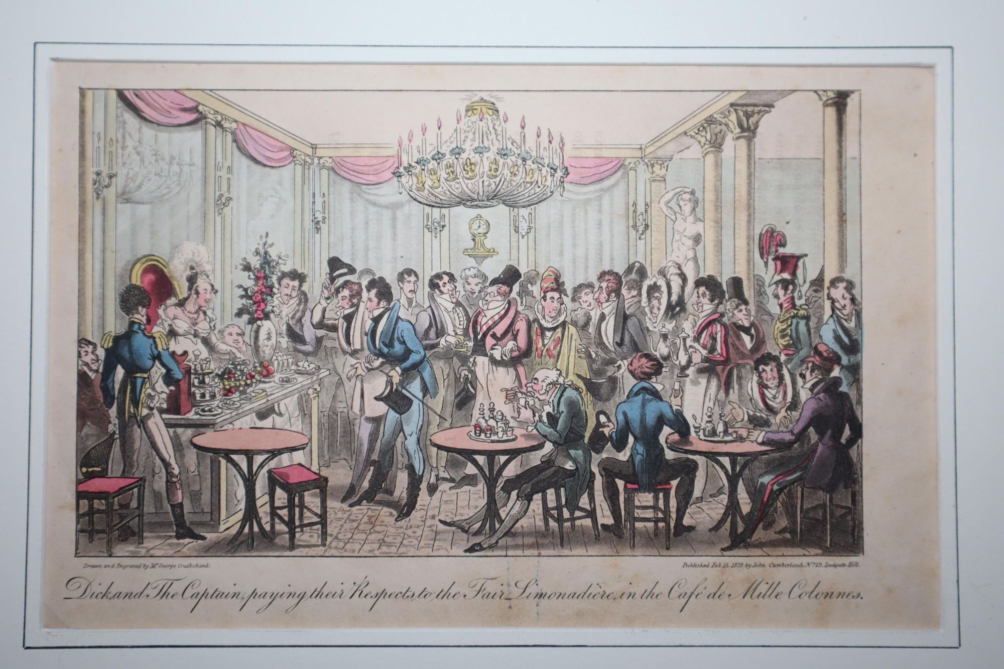 Handwritten Letter of George Cruikshank, dated December 13th, 1868 [together with] a hand-colored plate of a cafe published in 