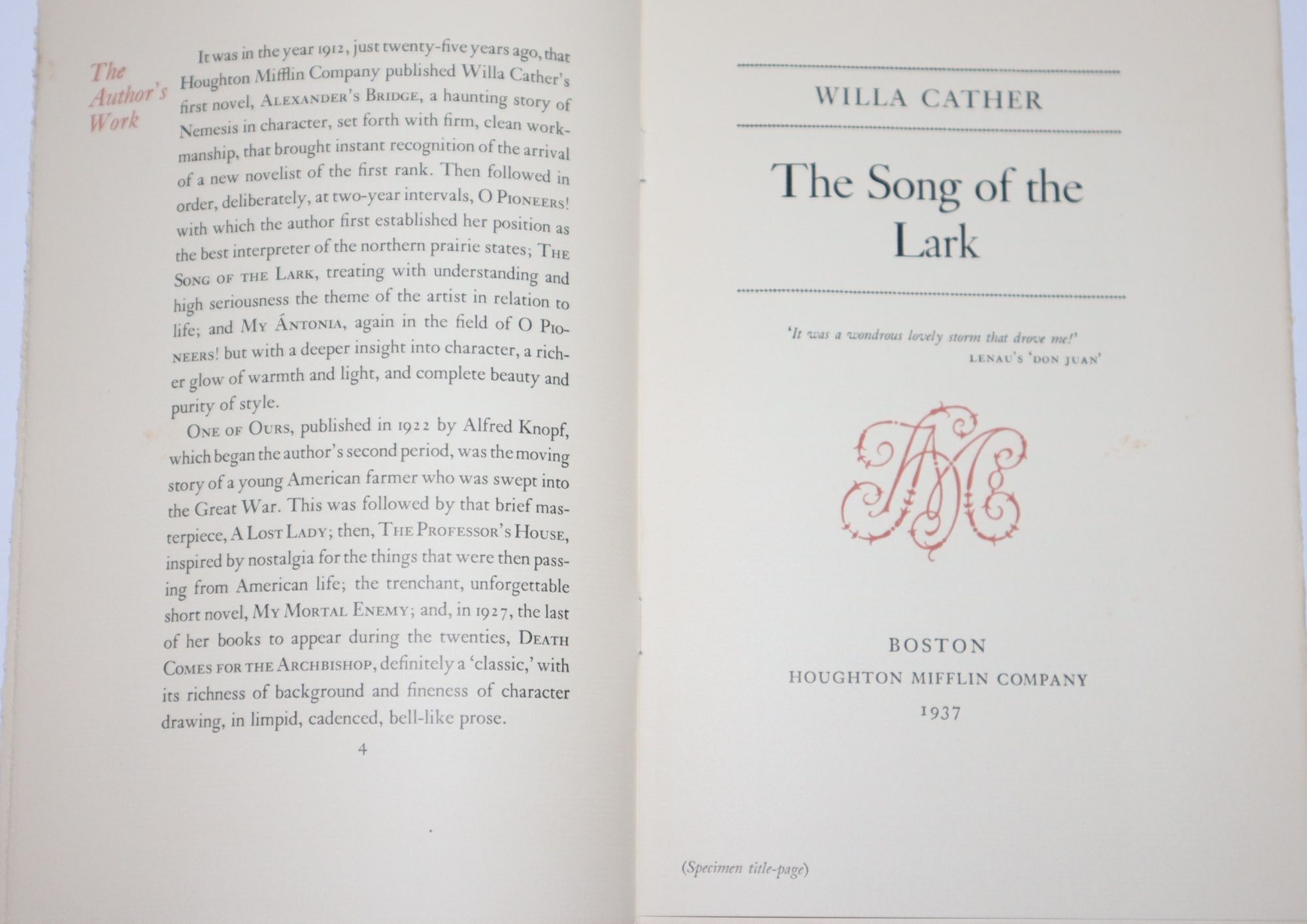 [Sales Promotion and Prospectus] The Autograph Edition of the Novels and stories of Willa Cather. The First Collected Edition Revised by the Author and Limited to 970 Copies of which 950 Numbered Copies Are for Sale