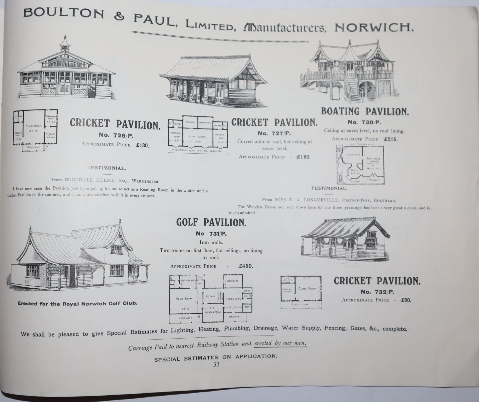 Catalogue of Pavilions for Golf, Cricket, Polo, Bowls, Tennis, Boating, & All Sports. Boulton & Paul, Ltd., Timber Importers & Manufacturers, Norwich. Catalogue No. 157