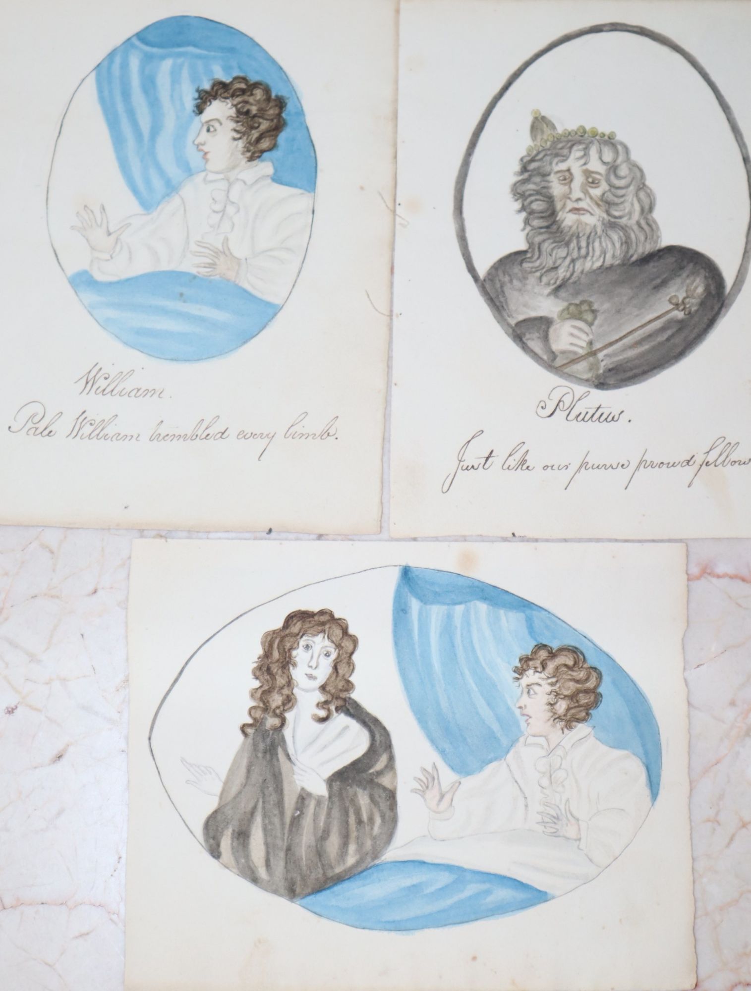 Three Early Nineteenth Century Original Naive Yet Haunting Watercolors, all done by the same hand, all small scale and set in ovals