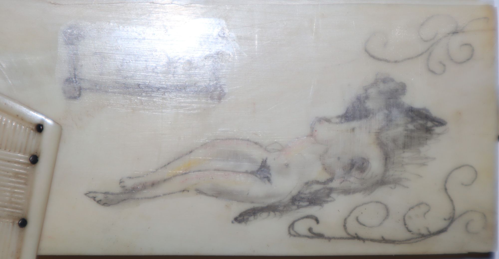 Early to Mid-19tjh Century Miniature Bone Notebook with accompanying metal stylus. With two contemporary Folk Art drawings, one, erotic, still on the bone slabs