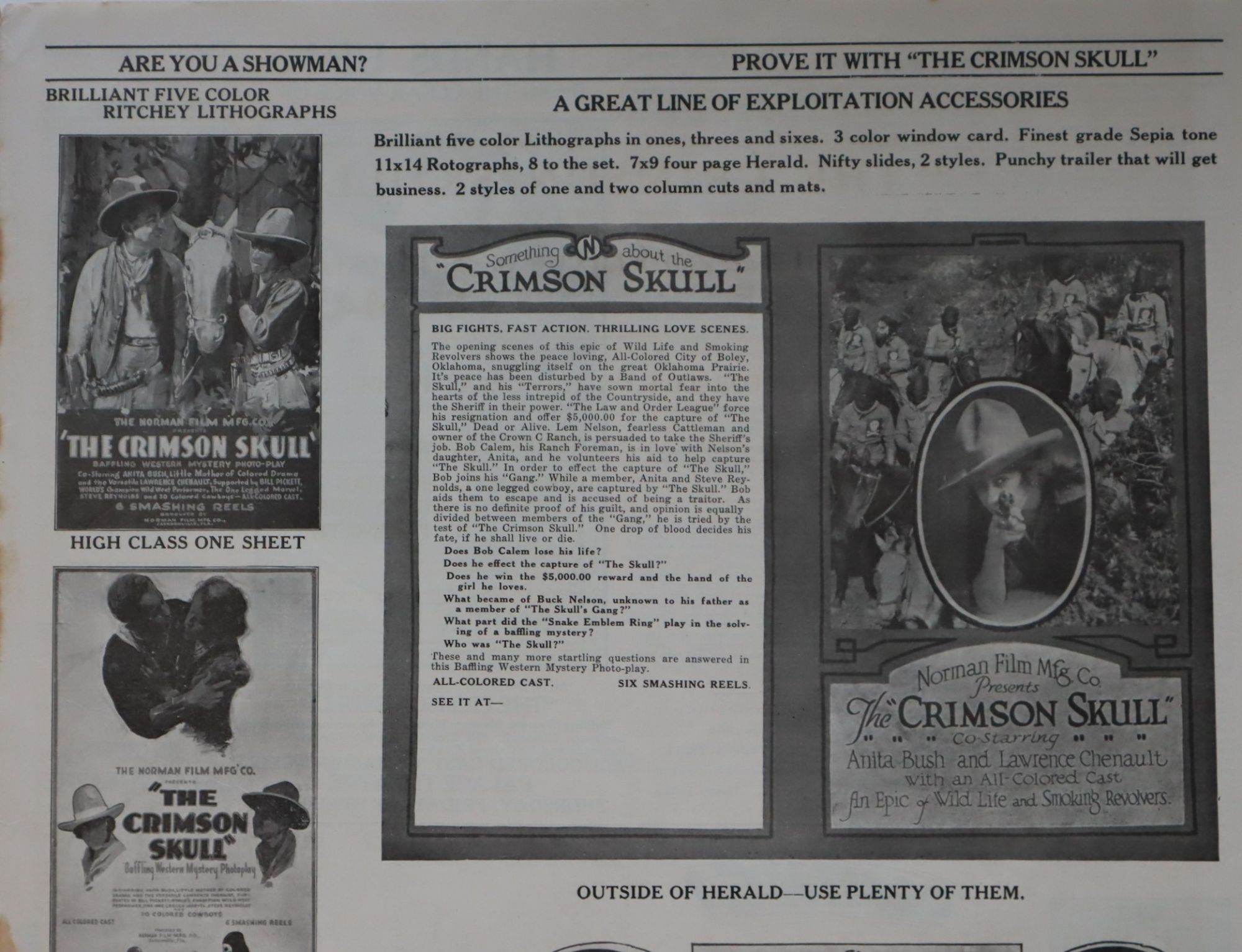 The Norman Film Mfg.Co. Presentsthe Crimson Skull Baffling Western Mystery Photo-Play Co-Starring Anita Bush and Lawrence Chenault . . . All-Colored Cast -- Six Smashing Reels