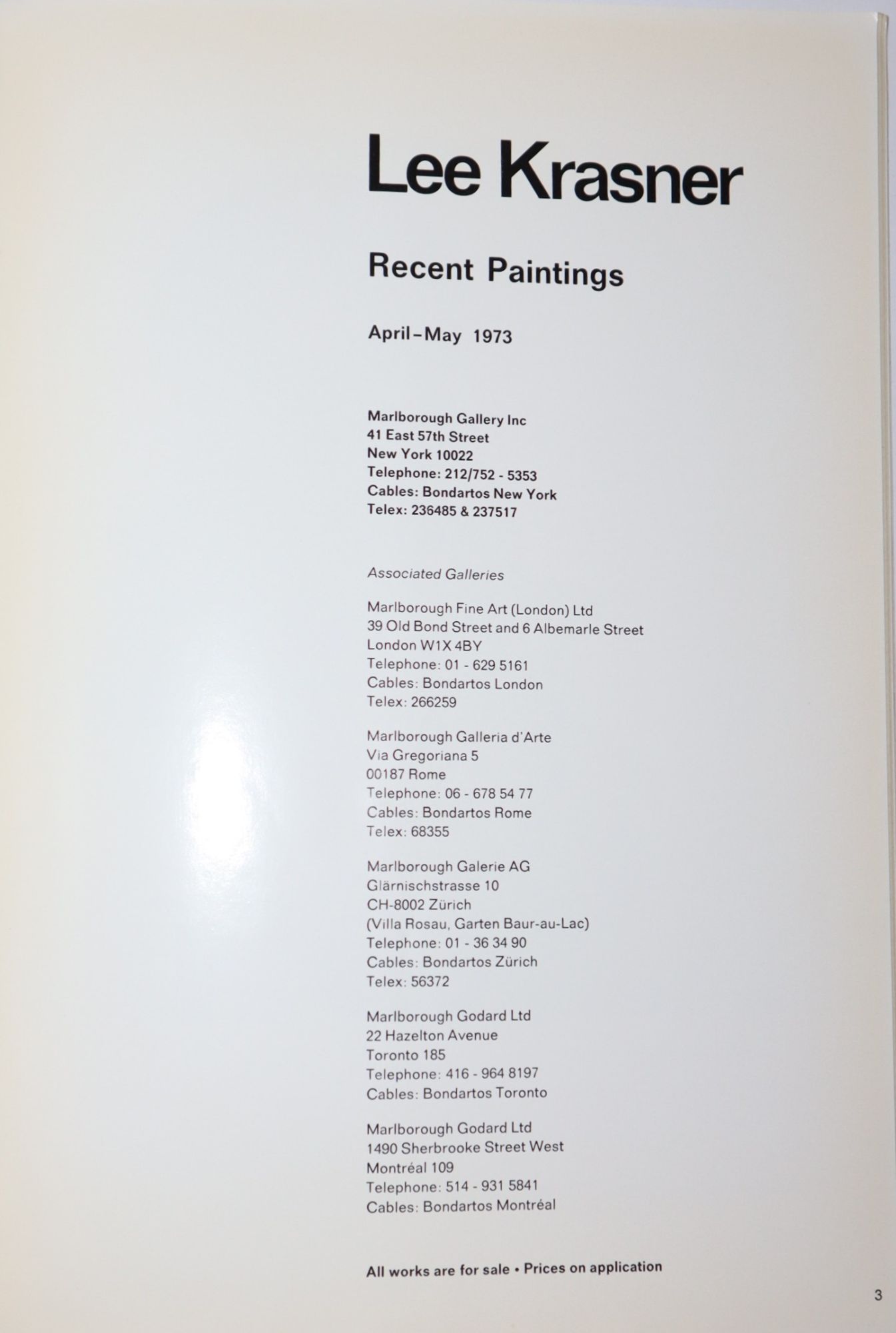 Lee Krasner. Recent Paiintings. Marlborough Gallery. April - May 1973