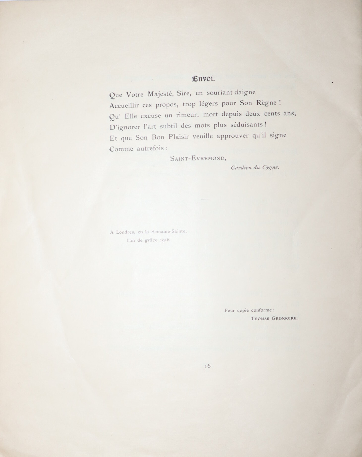 Le Gardien du Cygne. Lettre de Saint-Evremond sa Majest George V.