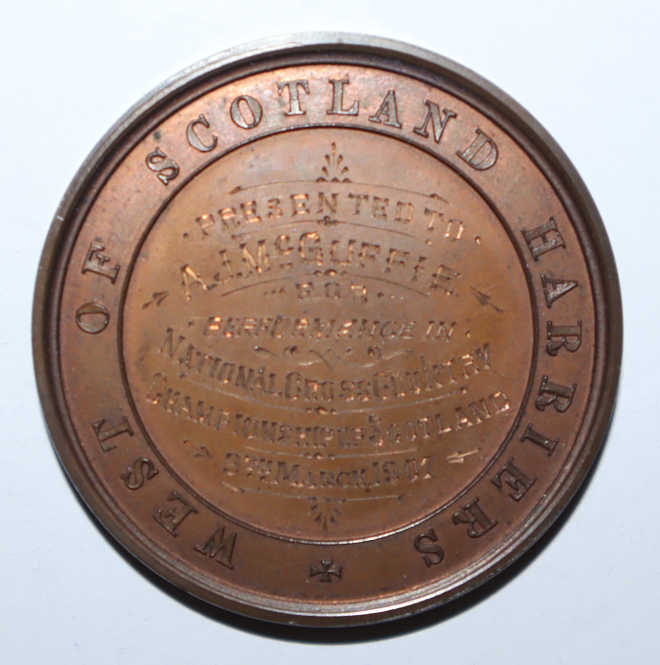 West of Scotland Harriers Presented to A. J. McGuffie for Performance in National Cross Country Championship in Scotland 9th March, 1907. With Original Case