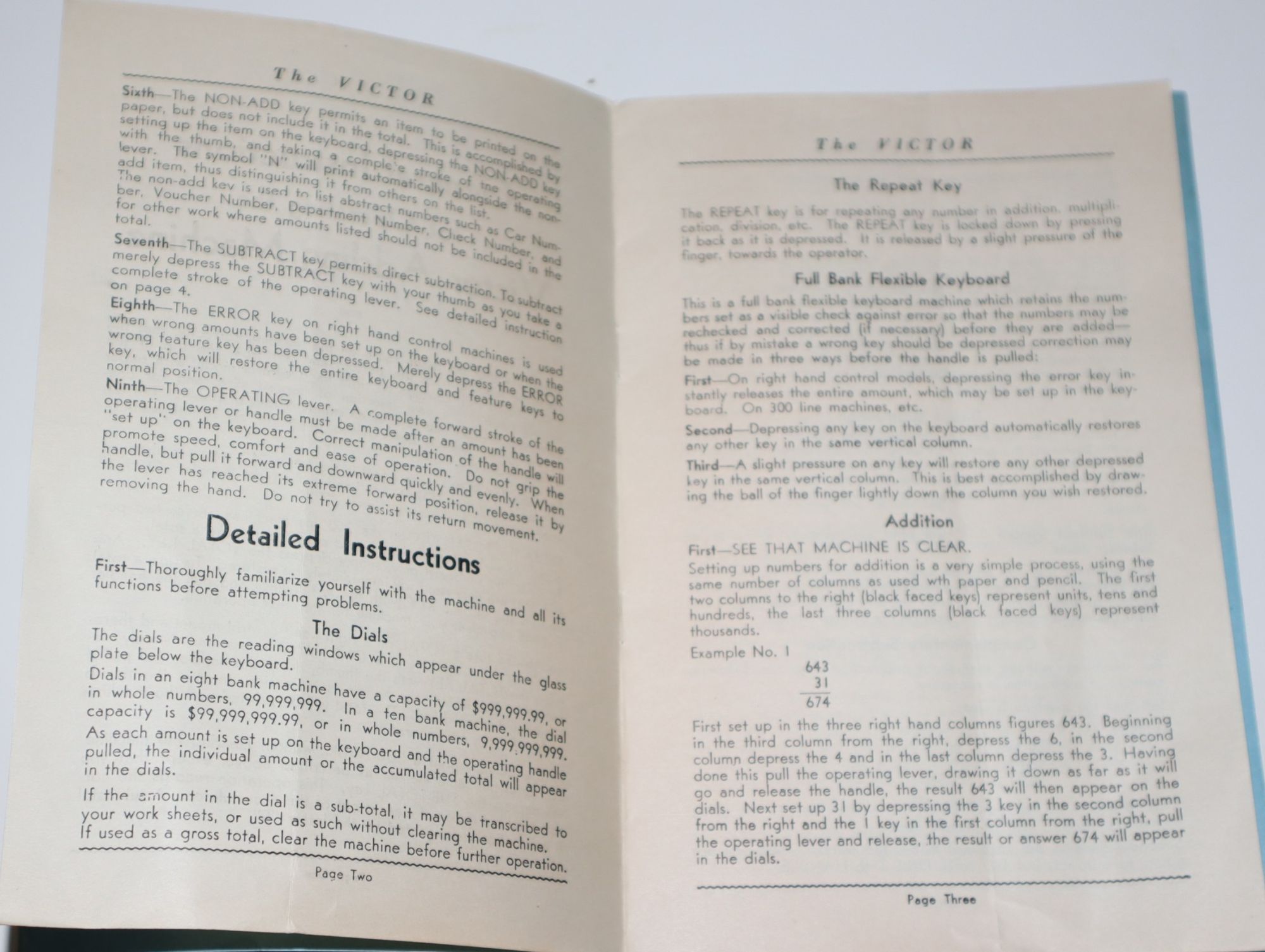 A Book of Instruction for Operatibng the Victor Standard Adding Machine With or Without Direct Subtraction