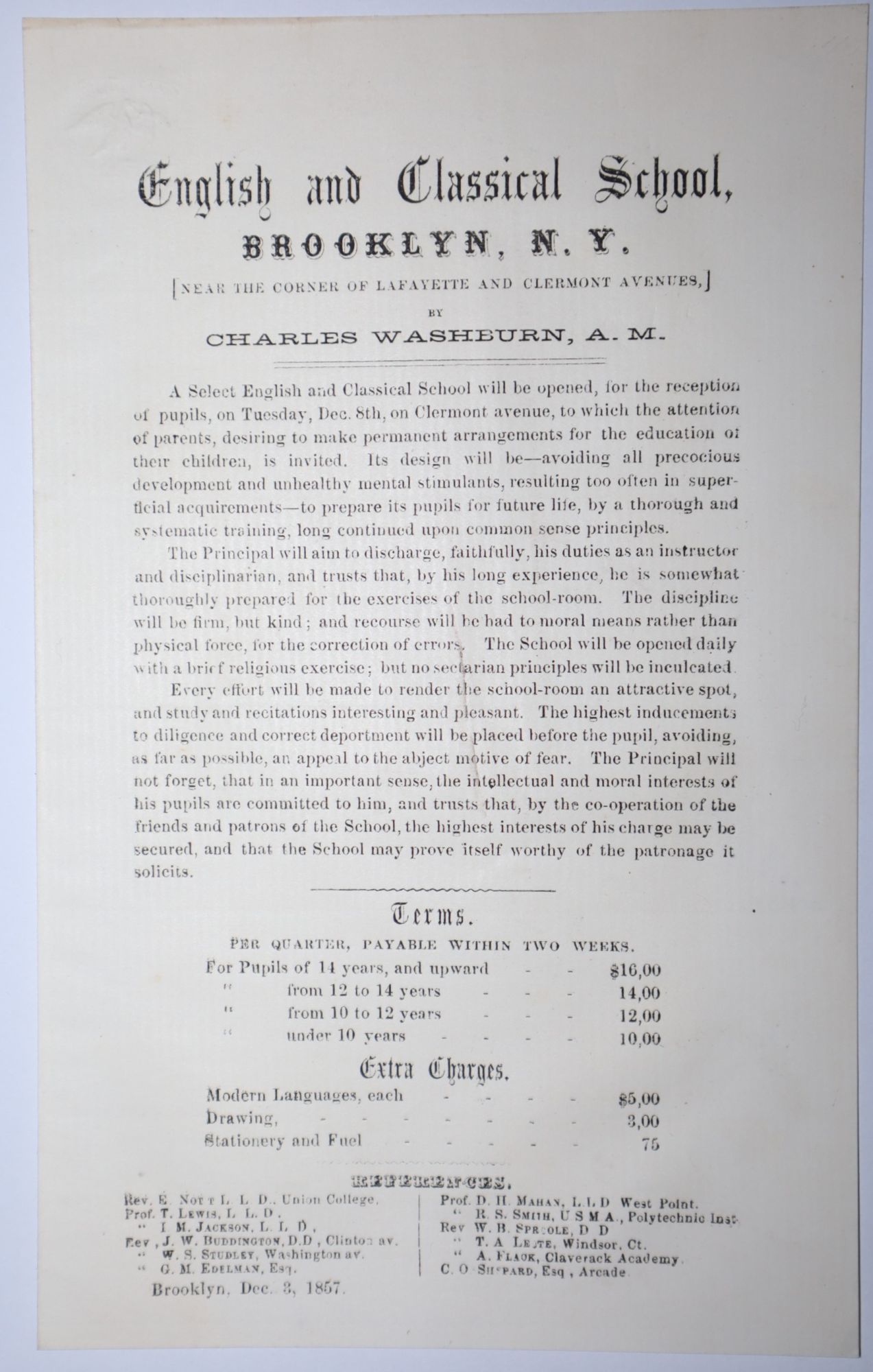 [Broadside or Flyer Promotion] English and Classical School, Brooklyn, N.Y. [Near the Corner of Lafayette and Clermont Avenues]