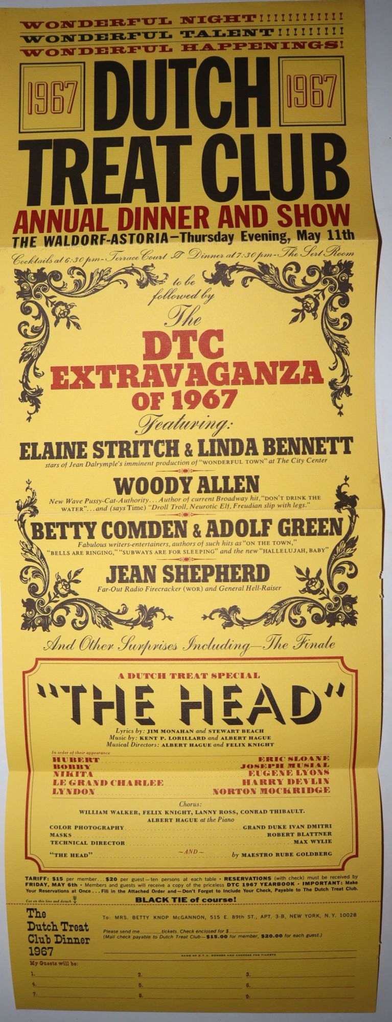 [Theatrical Broadside or Flyer] 1967 Dutch Treat Club Annual Dinner and Show. The Waldorf-Astoria -- Thursday Evening, May 11th. . The DTC Extravanganza of 1967 Featuring: Elaine Stritch & Linda Bennett . Woody Allen . Betty Comden & Adolf Green . Jean Shepherd . And Other Surprises . A Dutch Treat 