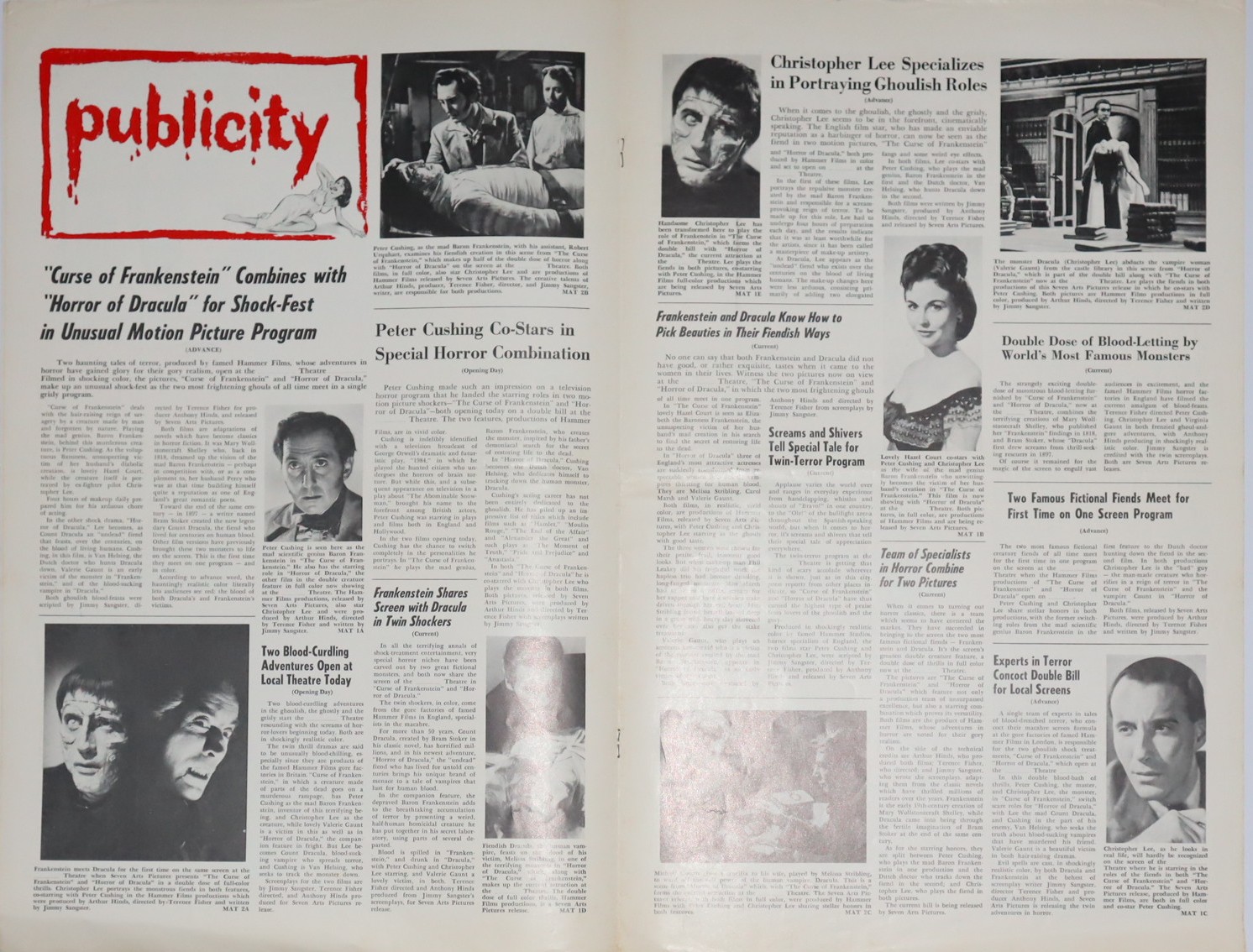Here is Your Monster Manual for Curse of Frankenstein [and] Horror of Dracula. Frankenstein Spills it.! Dracula Drinks It! A Double Dose of Full-Color Thrills! Produced by Hammer Films. Released by Seven Arts Pictures