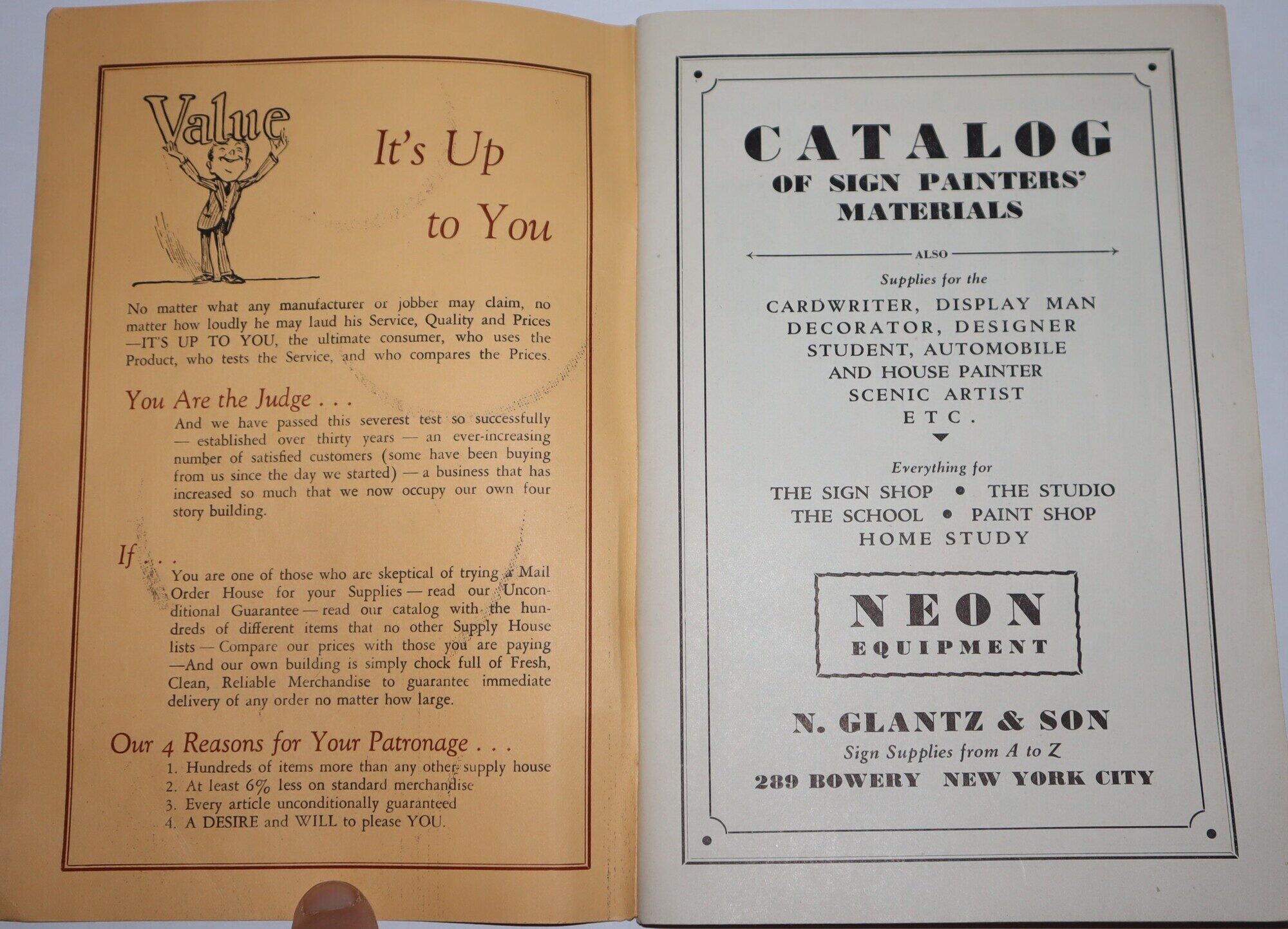 [Trade Catalogue] N. Glantz & Son, 289 Bowery, New York City. Sign Supplies Neon Equipment Show Card Materials