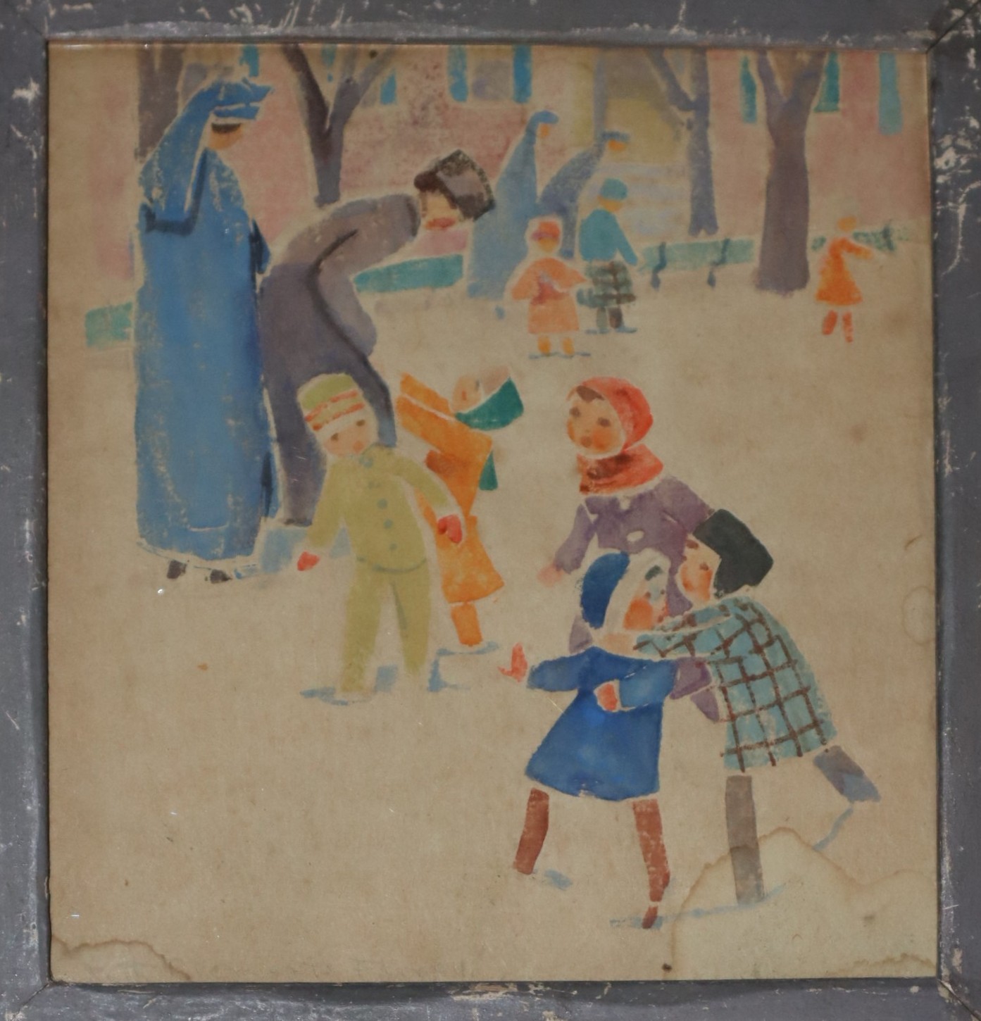 [Signed Framed Watercolor] Children Playing in a Park, probably in Greenwich Village