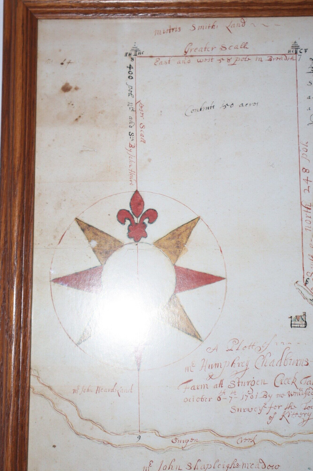 Framed 1701 Survey Map of a Farm Property in Sturgon Creek [now spelled Sturgeon Creek] in Southern Maine