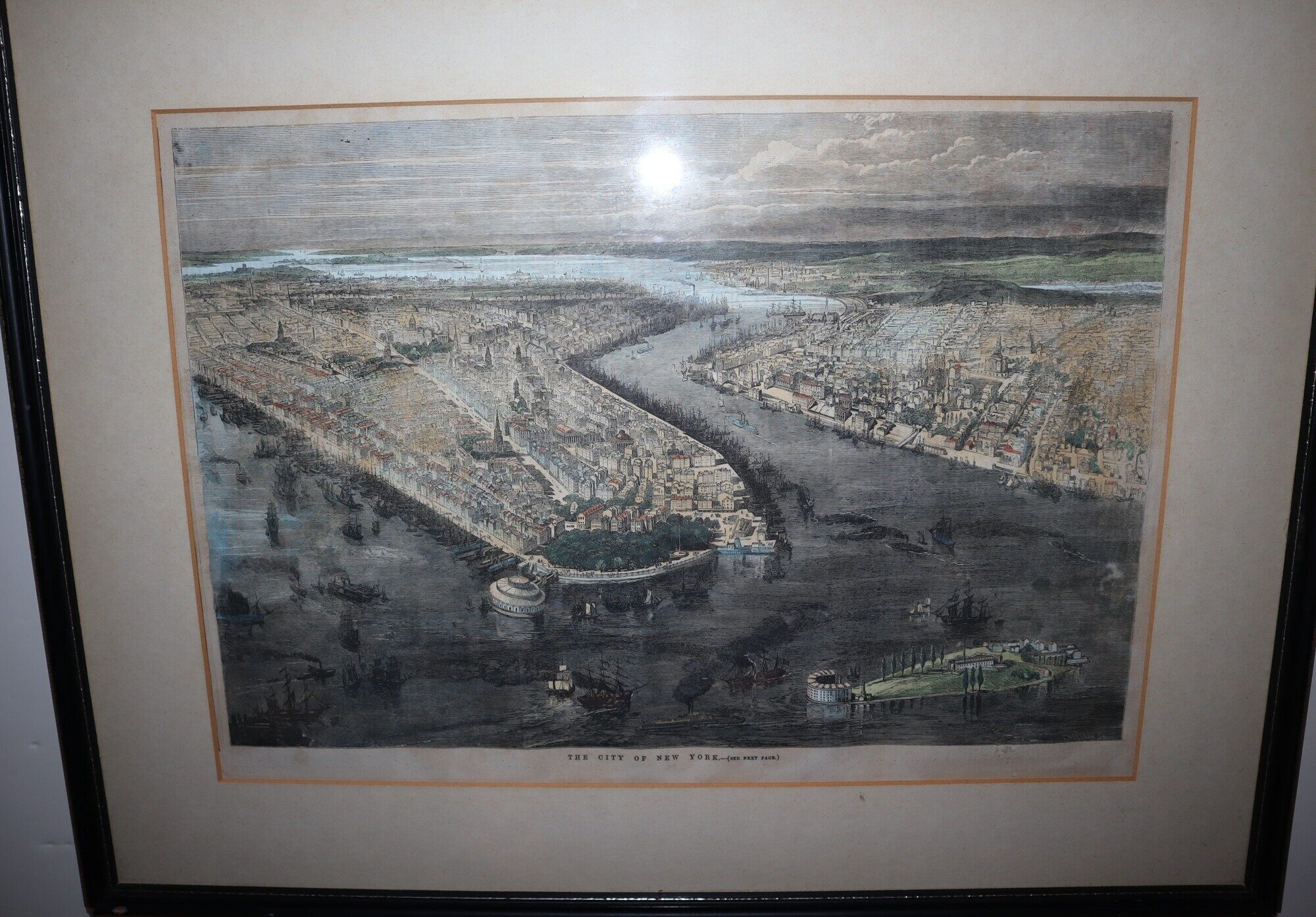 Image for Framed 19th Century Hand-Colored Reprint of John Bachmann's 1850 Bird's Eye View of New York City Framed 19th Century Hand-Colored Reprint of John Bachmann's 1850 Bird's Eye View of New York City