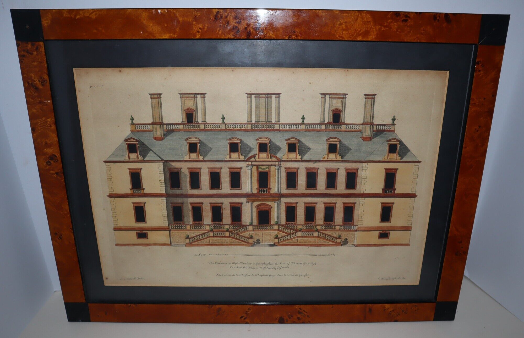 [Framed Hand-Colored Architectural Engraving] The Elevation of High Meadow in Gloucestershire. The Seat of Thomas Gage Esq. To whom this Plate is most humbly Inscrib'd. Elevation de la Maison de Monsieur Gage