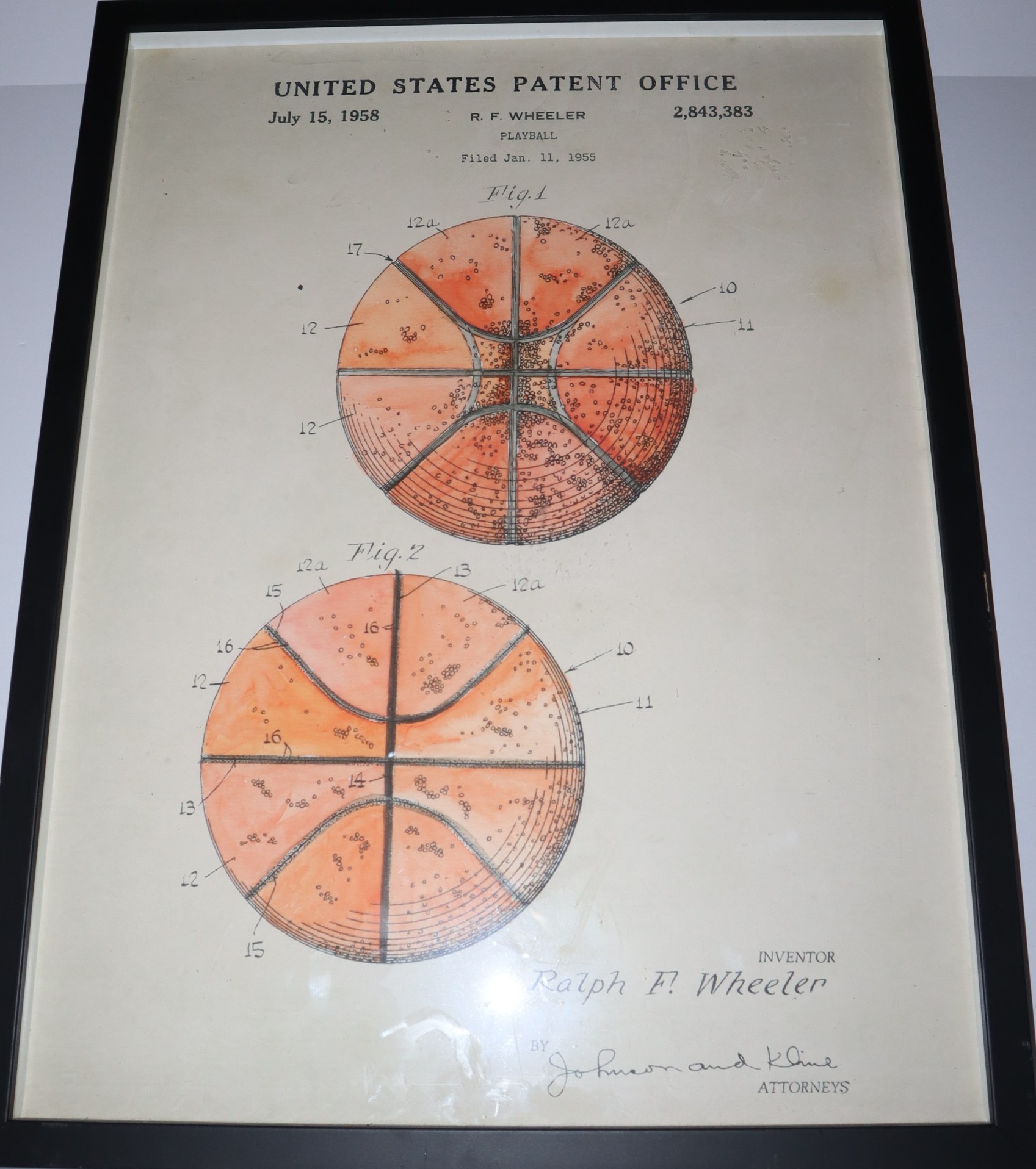 Framed Print of a 1958 Patent for a Basketball. United States Patent Office July 15, 1958 R.F. Wheeler 2,843,383 Playball Filed Jan. 11, 1955