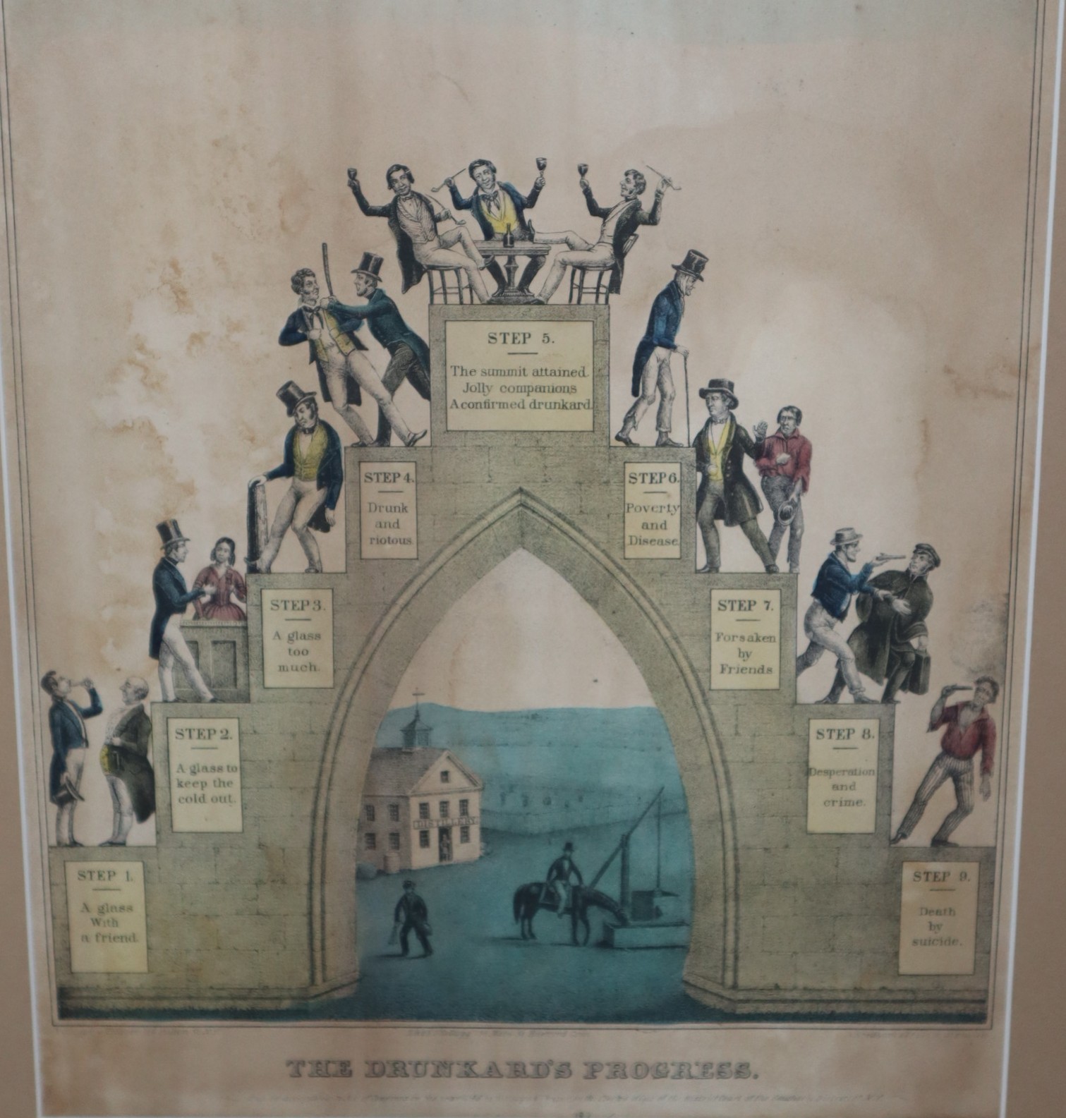 [Framed Hand-Colored Engraving] The Drunkard's Progress